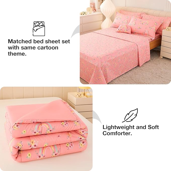 Mooreeke Full Size Comforter Sets for Girls Kids, 8 Pieces Bed in a Bag Pink Rainbow Flowers Bedding Comforter Sheet Set with Shams and Decorative Toy Pillow, Ultral Soft Microfiber Kids Bed Set