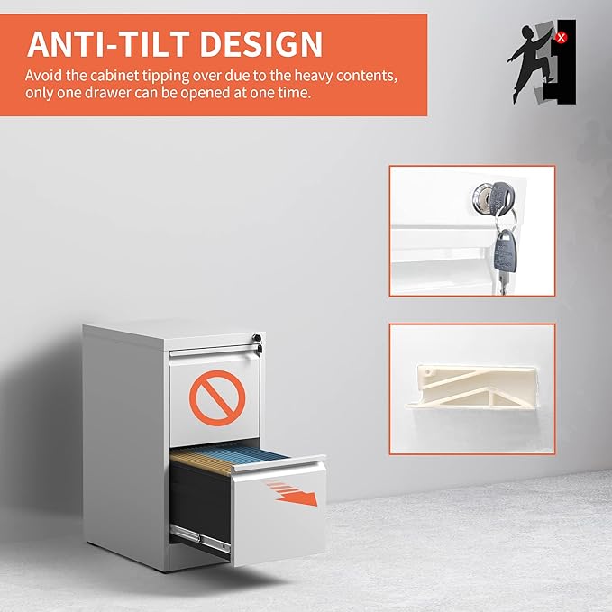 2 Drawer File Cabinet,White Metal Filing Cabinets for Home Office,Vertical File Cabinet with Lock for A4/Letter/Legal Size Files,Assembly Required