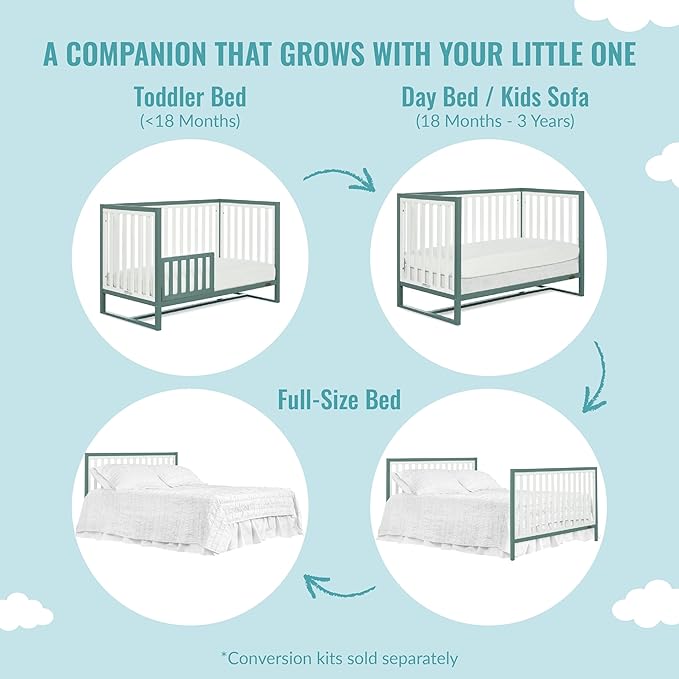 Arlo 5-in-1 Convertible Crib in Jungle Green, JPMA Certified, 3 Mattress Height Settings, Non-Toxic Finish, Made of Sustainable and Sturdy Pinewood