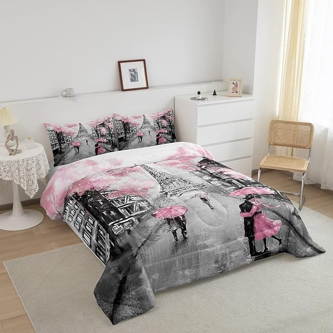 Paris Bedding Set Full Size Pink and Grey Eiffel Tower Comforter Set for Teens Girls Bedroom Decor Watercolor Cherry Blossoms Comforter Couple Retro Gray Building Quilt Comforter 2 Pillow Cases
