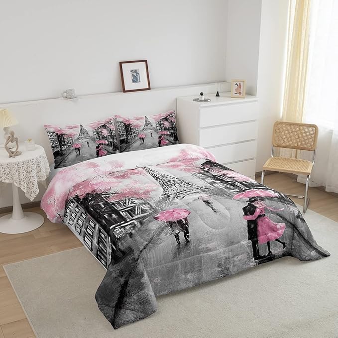 Paris Comforter Set French Eiffel Tower Bedding Sets Twin for Girls Kids Women Paris Themed Bedroom Decor Watercolor Cherry Blossoms Comforter Couple Retro Gray Building Quilted Duvet Pink Grey 2 Pcs