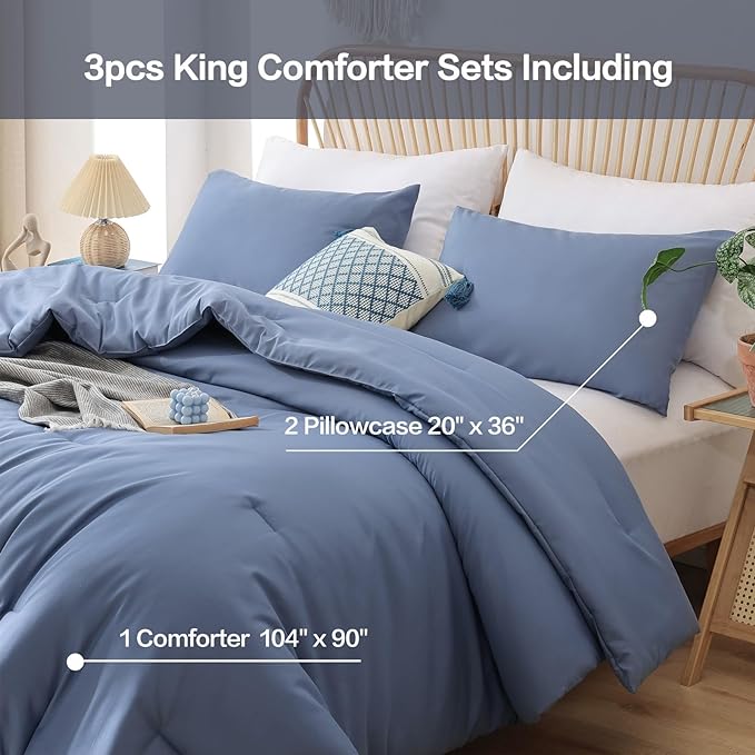 ROSGONIA King Size Comforter Set Slate Blue, 3pcs(1 Boho Comforter & 2 Pillowcases) Soft Lightweight Bedding Blanket All Season Bedspreads Quilt