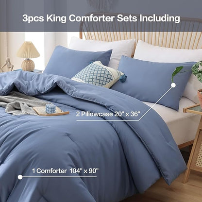 ROSGONIA King Size Comforter Set Slate Blue, 3pcs(1 Boho Comforter & 2 Pillowcases) Soft Lightweight Bedding Blanket All Season Bedspreads Quilt