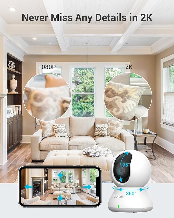 blurams Indoor Camera, 2K Pet Camera 360° Security Camera for Home Security with Phone App, Motion Tracking, 2-Way Audio, IR Night Vision, Siren, Works with Alexa & Google Assistant(2.4GHz ONLY)