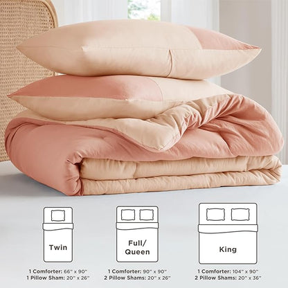 Pink Twin Comforter Set - Modern Soft Farmhouse Bedding for Teen Girls, Kids Colorblock Pattern Bed Sets for All Season, 2 Pieces includes 1 Comforter, 1 Sham (66"x 90")