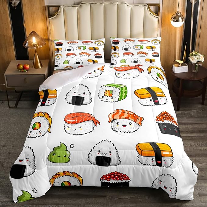 Sushi Pattern Comforter Set Japanese-Style Bedding Set for Kids Boys Girls Teens Food Theme Comforter Cute Cartoon Japanese Sushi Duvet Set Room Decor Quilt Set King Size Microfiber