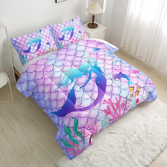 CVHOUSE Mermaid Comforter Set,Rainbow Mermaid Bedding Set for Girls Kids Teens,Rainbow Mermaid Comforter Mermaid Duvet Set Room Decor Quilt Set Twin Size