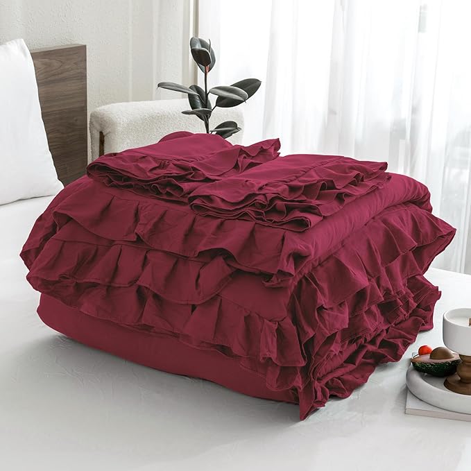Andency Burgundy Comforter Set Queen Size, 3 Pieces Shabby Chic Ruffle Bedding Comforter Sets for Queen Bed, Lightweight Fluffy Soft Microfiber Farmhouse Comforter Set
