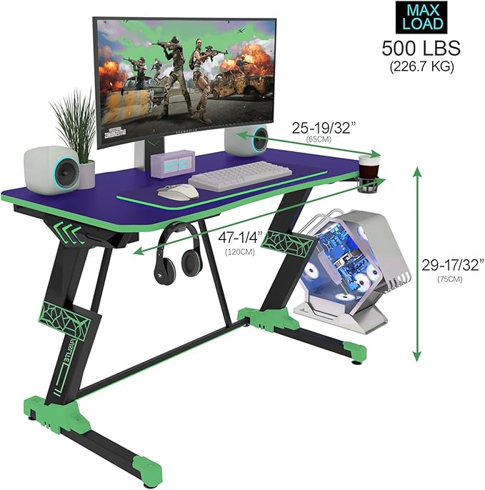 Gaming Desk 47 inch, PC Computer Desk RGB Light Gaming Table with Cup Holder, Earphone Hook, Power Strip Box, Green