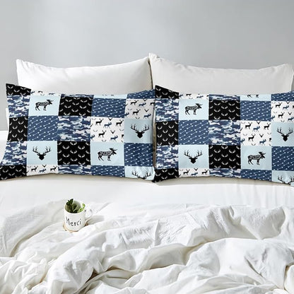 Cute Deer Comforter Set Queen, Military Camo Bedding Set for Kids Boys Teens Bedroom Tribal Animal Antlers Silhouette Quilted Comforter Checkered Plaid Arrows Bedding Comforters, Army Blue and White