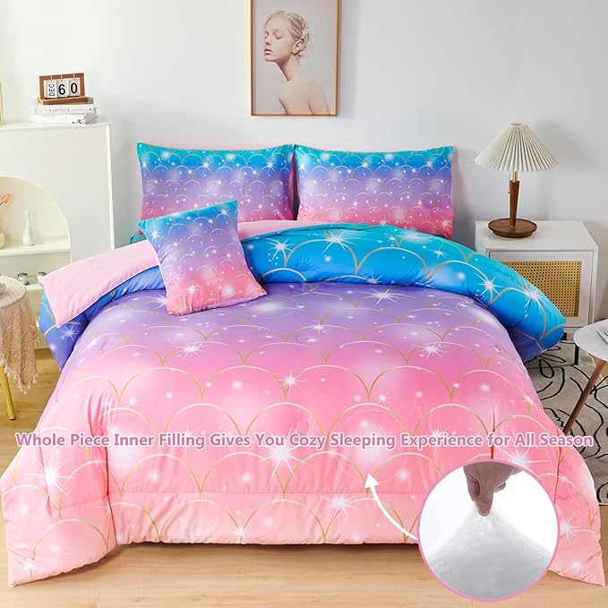 PERFEMET Mermaid Comforter Set for Girls 6 Pieces Rainbow Glitter Twin Size Kids Bedding Set Purple Pink Ombre Mermaid Scale Print Bed in A Bag Comforter Set with Sheets