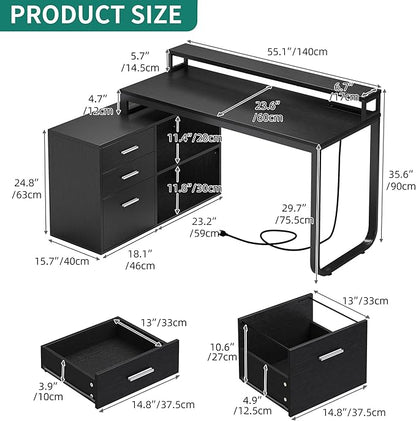YITAHOME L Shaped Desk with Power Outlets & LED Lights & File Cabinet, 55" Corner Computer Desk with 3 Drawers and 2 Storage Shelves, Home Office Desk with Monitor Stand, Black