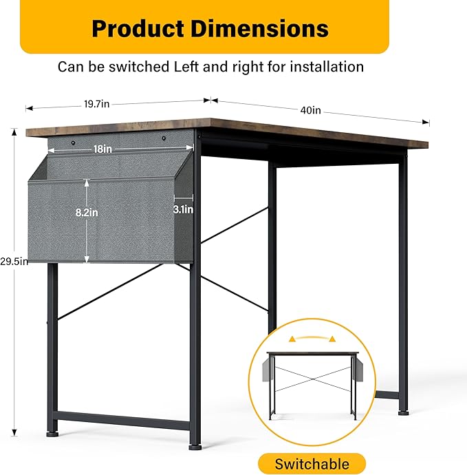 HealSmart 40 Inch Computer Desk Home Writing Study Worktable with Storage Bag for Bedroom, Office, Apartment, Brown