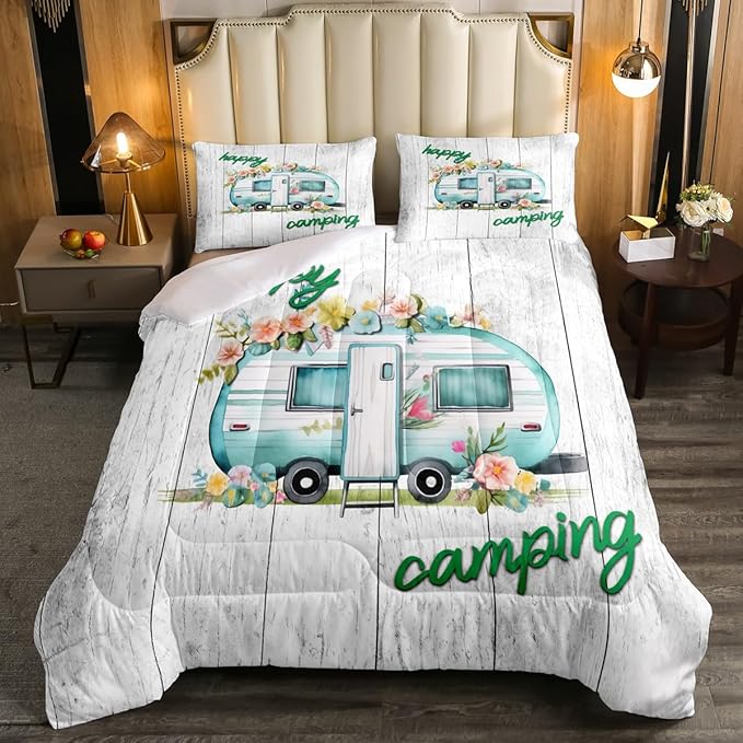 Erosebridal Girls Camping Bedding Camper Car Floral Comforter Set Queen