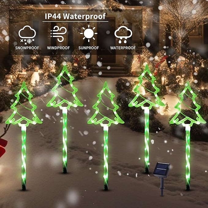 Solar Christmas Pathway Lights Outdoor Decorations, 8 Modes Xmas Tree Candy Lights Waterproof Led Garden Stake Lights for Walkway Yard Lawn Porch Holiday Decor 5-Pack (Green Xmas Tree Lights)