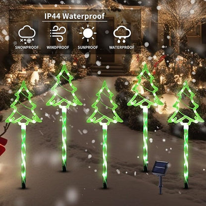 Solar Christmas Pathway Lights Outdoor Decorations, 8 Modes Xmas Tree Candy Lights Waterproof Led Garden Stake Lights for Walkway Yard Lawn Porch Holiday Decor 5-Pack (Green Xmas Tree Lights)