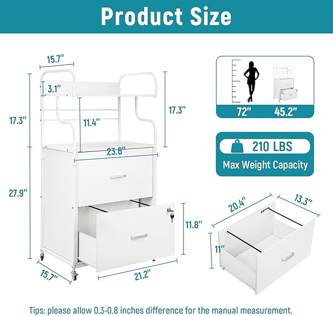 Vertical File Cabinet, 2 Drawer Mobile Filing Cabinet with 1 Bookshelf, Printer Stand with Open Storage Shelves Fits A4/Letter/Legal Size File Cabinets for Home Office Organizer, White