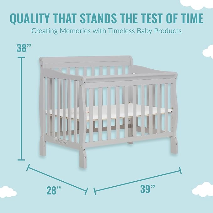 Aden 4-in-1 Convertible Mini Crib in Grey, Greenguard Gold Certified & Sunset 3” Extra Firm Fiber Crib Mattress, Greenguard Gold Certified, Waterproof Vinyl Cover, Baby Mattresses