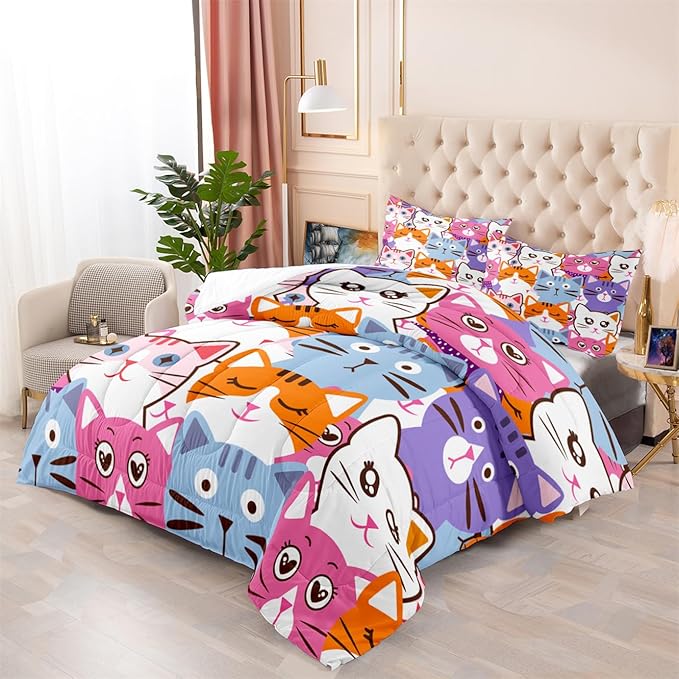 Cat Full Comforter Set for Bedroom - 3Pcs Colorful Cat Comforter Set for Teens Kids Cute Cartoon Cat Bedding Set Ultra Soft Warm Lightweight Kawaii Animal Patterns Comforter with 2 Pillowcases