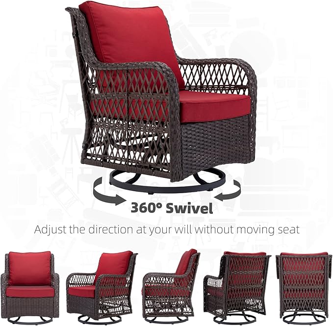 IDEALHOUSE 3 Pieces Outdoor Wicker Swivel Rocker Patio Set, 360-Degree Swivel Rocking Chair Elegant Wicker Patio Bistro Set with Tempered Glass Top Side Table (Red)
