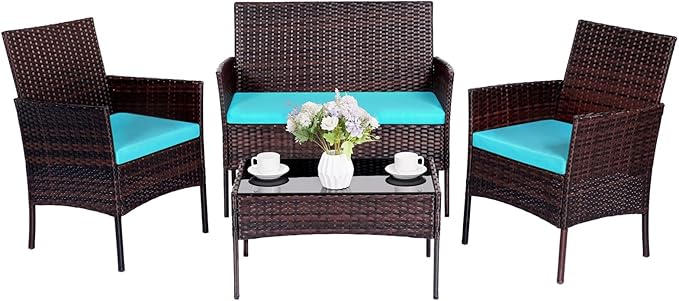 Patio Furniture Set 4 Pieces Conversation Sets Outdoor Wicker Rattan Chairs Garden Backyard Balcony Porch Poolside Loveseat with Soft Cushion and Tempered Glass Table(Brown/Blue)