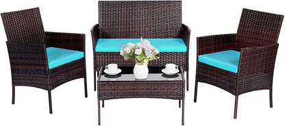 Patio Furniture Set 4 Pieces Conversation Sets Outdoor Wicker Rattan Chairs Garden Backyard Balcony Porch Poolside Loveseat with Soft Cushion and Tempered Glass Table(Brown/Blue)