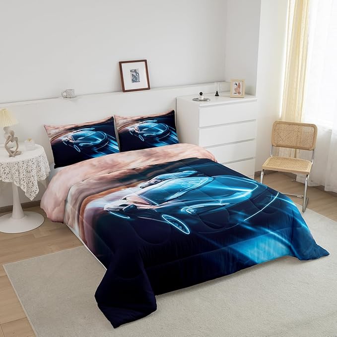 Erosebridal King Size Comforter Set for Boys Race Car Bedding Bedroom Decor, Sports Car for Boys Girls Teen Kids Children Car Racing Gifts, Race Cars Bed Set,Blue Black