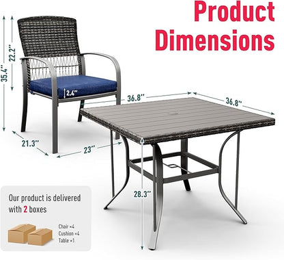 Pamapic Patio Table and Chairs Set, All-Weather Rattan Outdoor Table and Chairs with Removable Waterproof Cushions, Plastic-Wood Patio Dining Set for 4 with Umbrella Hole(Blue)