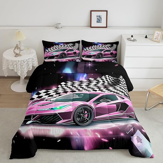 Pink Race Car Bedding Set Twin Size,Racing Flag Black White Lattice Duvet Cover with 1 Pillowcase,Extreme Sport Game Comforter Cover for Kids Youths Boys Girls Room Decor,Modern Quilt Cover