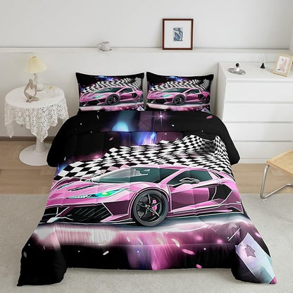 Pink Race Car Bedding Set Twin Size,Racing Flag Black White Lattice Duvet Cover with 1 Pillowcase,Extreme Sport Game Comforter Cover for Kids Youths Boys Girls Room Decor,Modern Quilt Cover