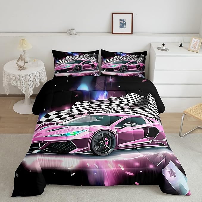 Pink Race Car Bedding Set Full Size,Racing Flag Black White Lattice Duvet Cover with 2 Pillowcases,Extreme Sport Game Comforter Cover for Kids Youths Boys Girls Room Decor,Modern Quilt Cover