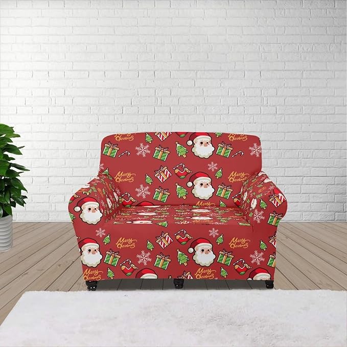 FKELYI Christmas Decor Red Sofa Slipcover for Living Room Santa Claus Sofa Couch Cover with Elastic Bottom Non-Slip Furniture Protector S