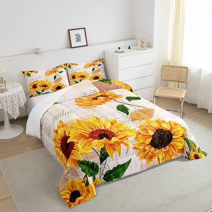 Vintage Sunflowers Comforter Full Size Yellow Floral Bedding Sets Girls Child Youth Tropical Sunflower Print Down Comforter Old Fashioned Quilt Flower Blossoms Bedding Comforter Set Nature Theme