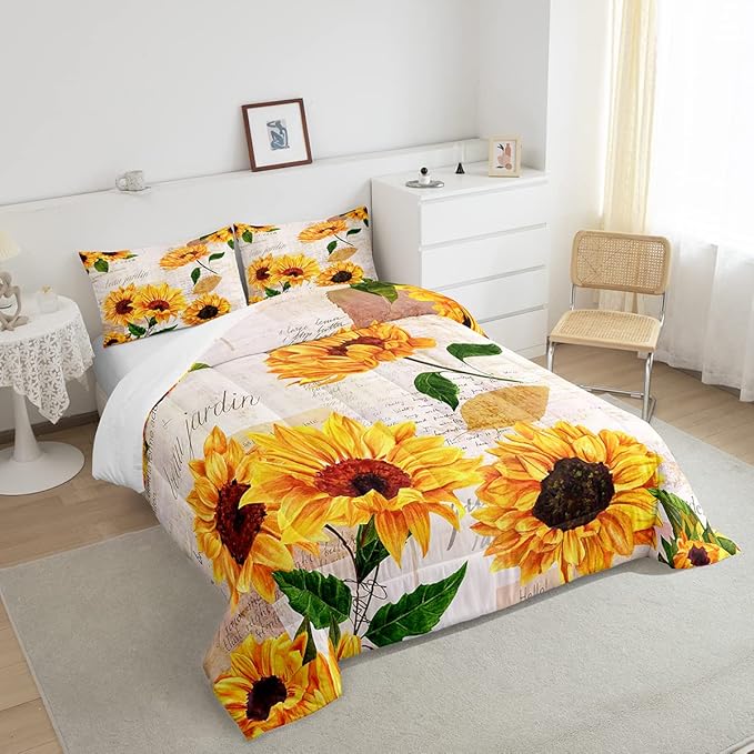 Erosebridal Women Retro Floral Bedding King Size Yellow Sunflowers Comforter Set for Girls Female Rustic 3D Flowers Duvet Insert Ultra Soft Lightweight Quilted Comforter with 2 Pillowcases