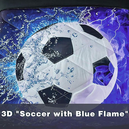 Andency Soccer Comforter Twin(66x90 Inch), 2 Pieces(1 Soccer Comforter, 1 Pillowcase) Blue Flame Soccer Comforter Set Sport Microfiber Bedding Set for Boy Girl Kids, Teen
