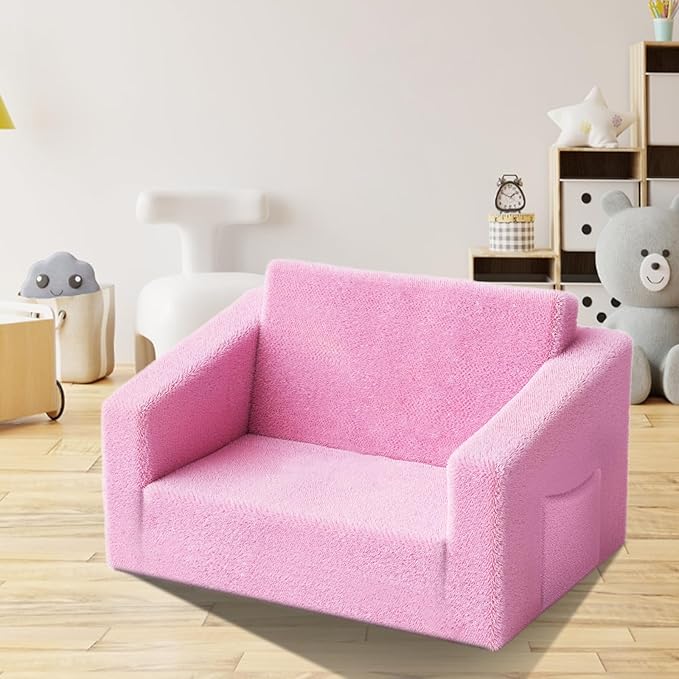 Kids Couch,2-in-1 Toddler Chairs for Girl,Kids Sofa with Storage,Comfortable Kids Sofa Bed,Fun Kids Lounge Chair,Toddler Furniture,Kids Playroom,Children'S Gifts (Pink)