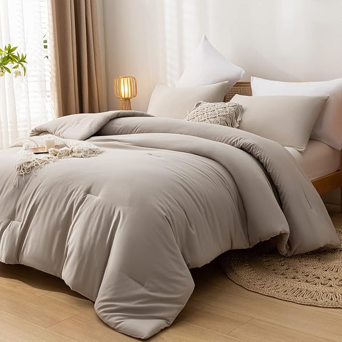Queen Comforter Solid Color 3PCS Boho Bed Comforter Set Queen Size Tannish Grey Soft Lightweight Down Alternative Microfiber Comforter for All Season (1 Comforter, 2 Pillowcases)