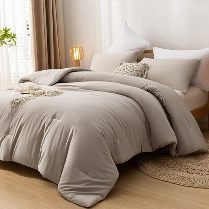 Queen Comforter Solid Color 3PCS Boho Bed Comforter Set Queen Size Tannish Grey Soft Lightweight Down Alternative Microfiber Comforter for All Season (1 Comforter, 2 Pillowcases)