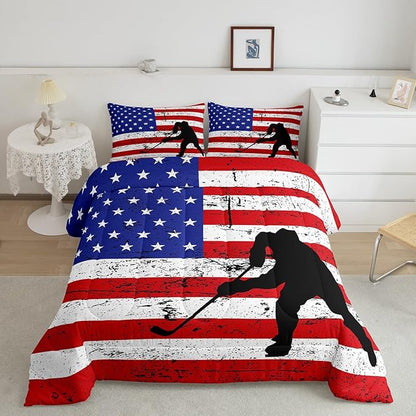 Erosebridal American Flag Comforter Set Full, Hockey Bedding Set United States Sports Games Down Comforter for Kids Boys Teens Bedroom, Red White Geometric Stripes Duvet Sets with 2 Pillowcases