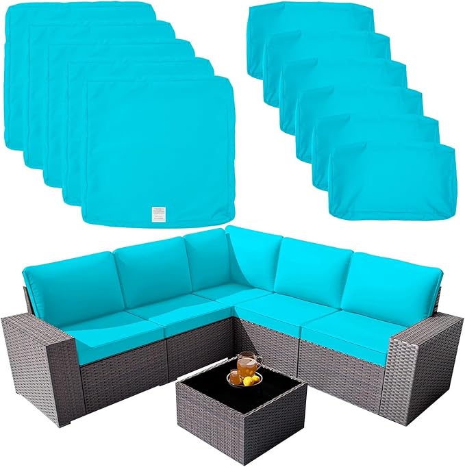 ClawsCover 11Pack Outdoor Seat and Back Cushions Replacement Covers Fit for 5-Seater 6Pieces Wicker Rattan Patio Furniture Conversation Set Sectional Couch Chairs,Turquoise-Included Cover Only