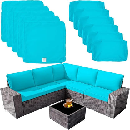 ClawsCover 11Pack Outdoor Seat and Back Cushions Replacement Covers Fit for 5-Seater 6Pieces Wicker Rattan Patio Furniture Conversation Set Sectional Couch Chairs,Turquoise-Included Cover Only