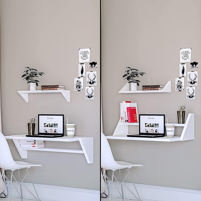 Reversible Wall Desk, White Floating Desk with Wall Mounted Shelf for Computer, Home, Office, Bedroom, Living, Kitchen and Study - L