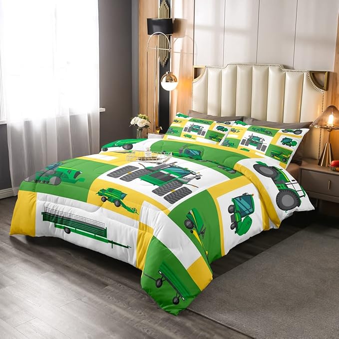 Erosebridal Kids Truck Comforter Set Full Size Boys Cartoon Tractor Down Comforter Excavator Construction Bedding Set Farmhouse Car Vehicle Duvet Set Bedroom Dorm Decor, Yellow Green