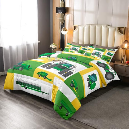 Erosebridal Kids Truck Comforter Set Full Size Boys Cartoon Tractor Down Comforter Excavator Construction Bedding Set Farmhouse Car Vehicle Duvet Set Bedroom Dorm Decor, Yellow Green
