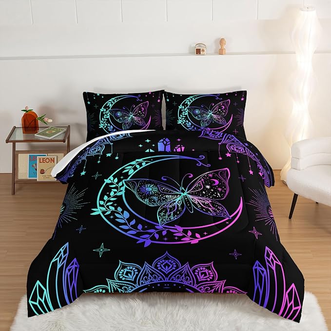 HOSIMA Butterfly Comforter Set 3Piece with 2 Pillowcases,Black Comforter Butterfly Aesthetics Room Decor,Boho Mandala Comforter Butterfly Bedding Set for Girls,Bohemian Twin Bed in a Bag.