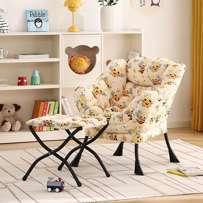 Welnow Toddler Kids Lazy Chair with Ottoman, Glow in The Dark Accent Comfy Lounge Children Armchair Couch with Removable Cover, Detachable Reading Chair with Footrest for Boy or Girl, Bees