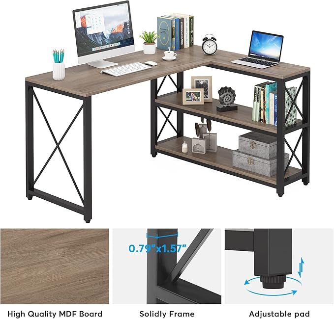 Tribesigns Reversible Industrial L-Shaped Desk with Storage Shelves, Corner Computer Desk PC Laptop Study Table Workstation for Home Office Small Space (Grey, 53")
