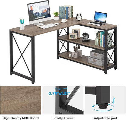 Tribesigns Reversible Industrial L-Shaped Desk with Storage Shelves, Corner Computer Desk PC Laptop Study Table Workstation for Home Office Small Space (Grey, 53")