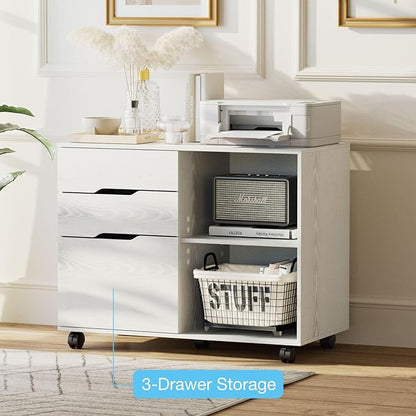 OLIXIS 3 Drawer File Cabinet Lateral Printer Stand with Adjustable Storage Shelves for Home Office Small Space, White