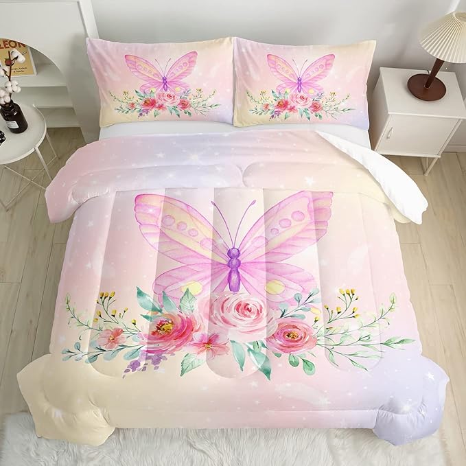 CVHOUSE Butterfly Comforter Set,Floral Butterfly Bedding Set for Girls Kids Teens,Flower Butterflies Comforter Butterflies Duvet Set Room Decor Quilt Set Twin Size
